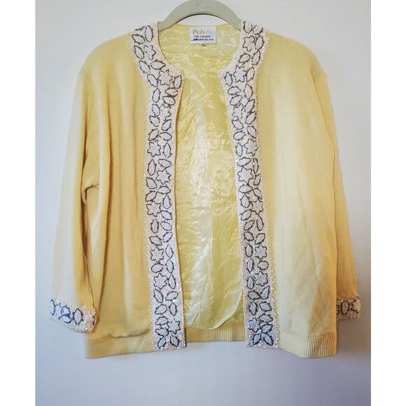 Peters By Harilela's Size 38 Yellow Beaded Cashmere Vintage Cardigan Sweater - Picture 3 of 12